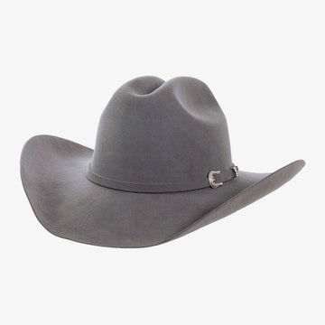 Gray cowboy hat with a band on a white background