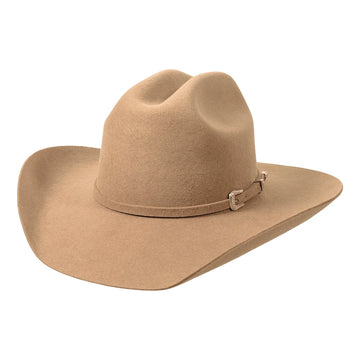 Beige cowboy hat with a band on a white background