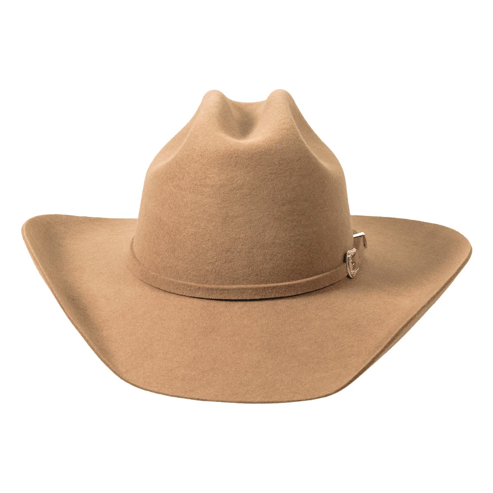 Tan cowboy hat with a band on a white background