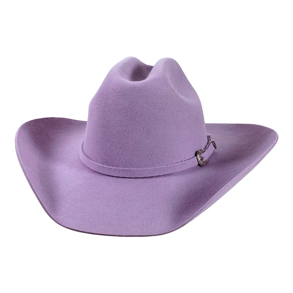 Purple cowboy hat with a decorative band on a white background