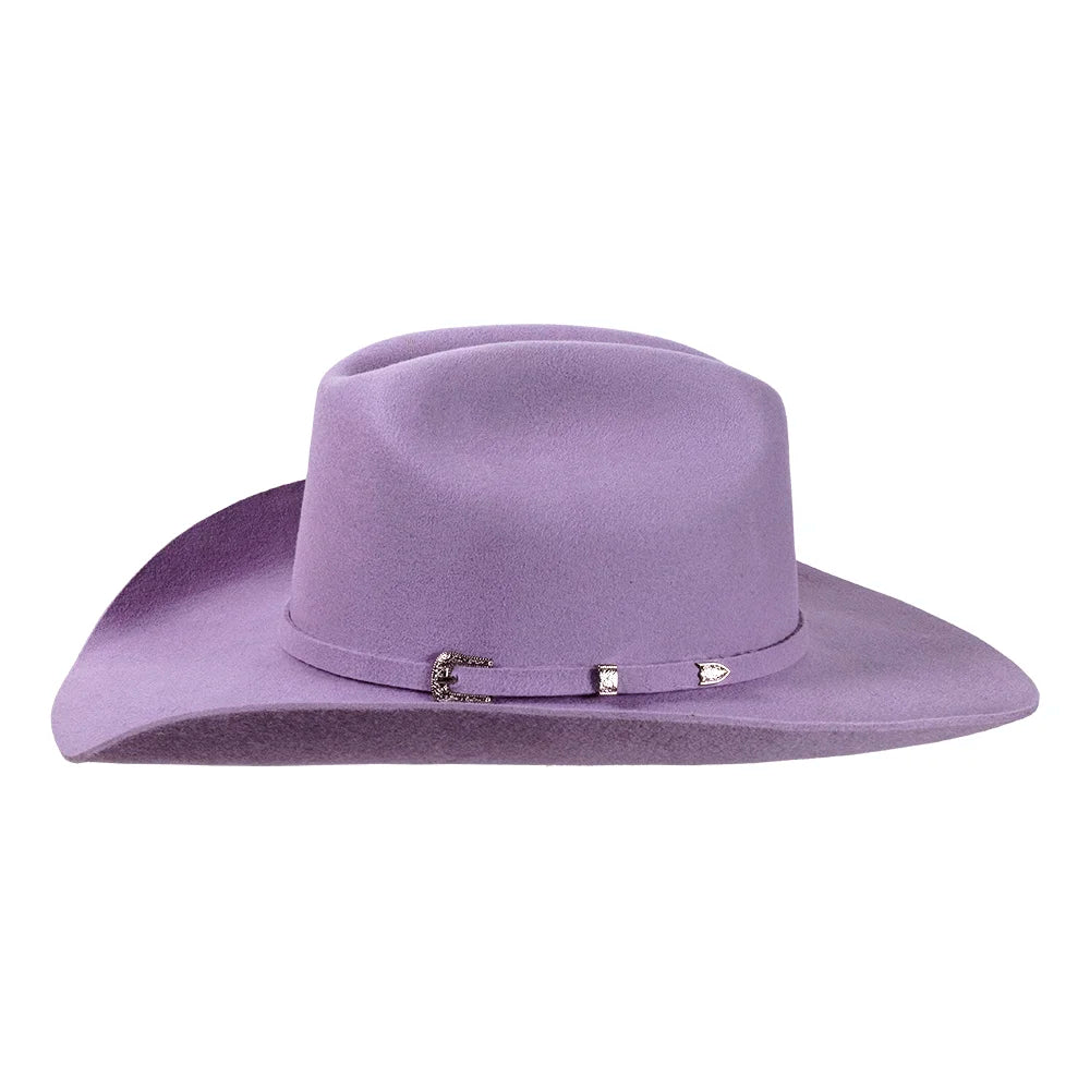 Purple cowboy hat with a band on a white background