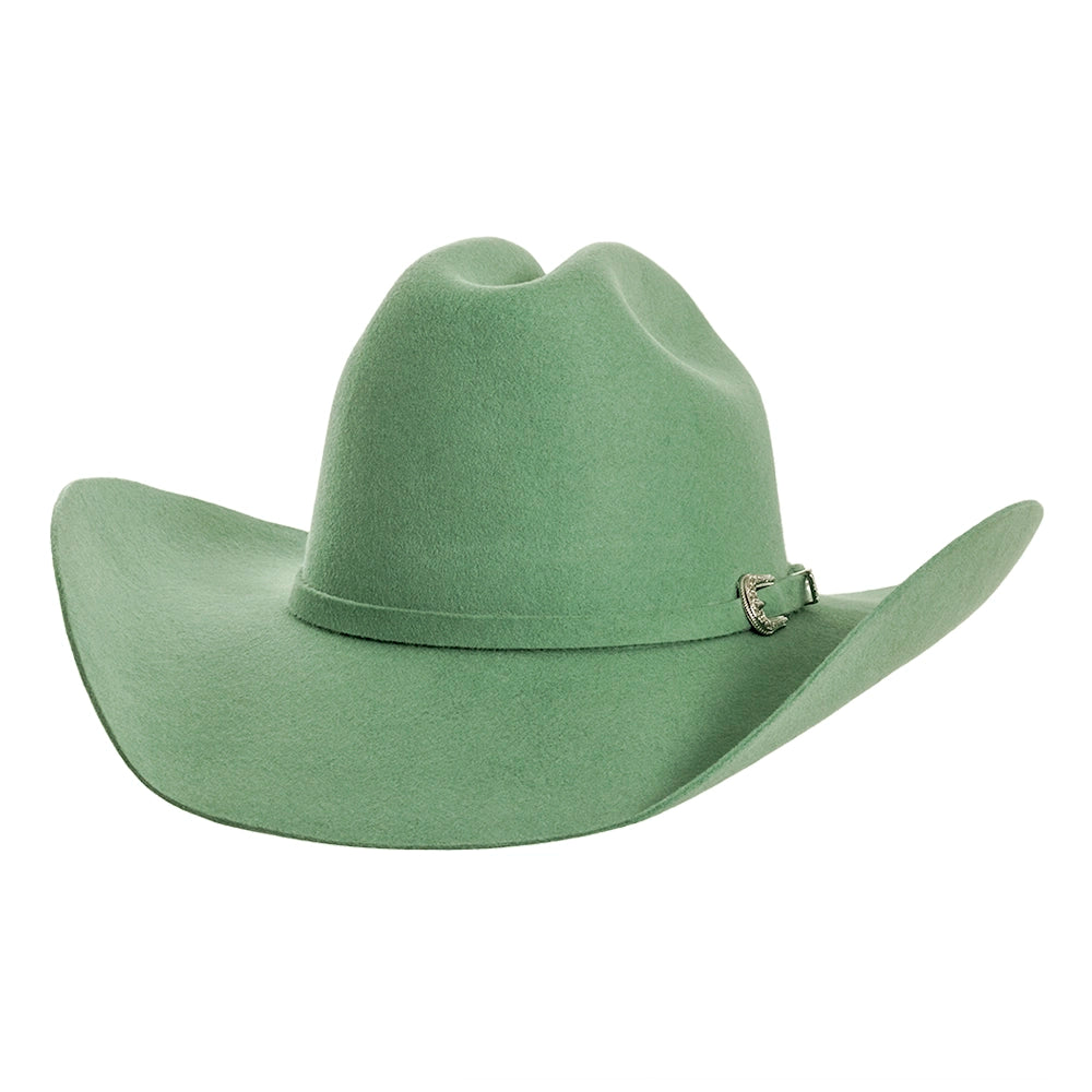 Green cowboy hat with a band on a white background