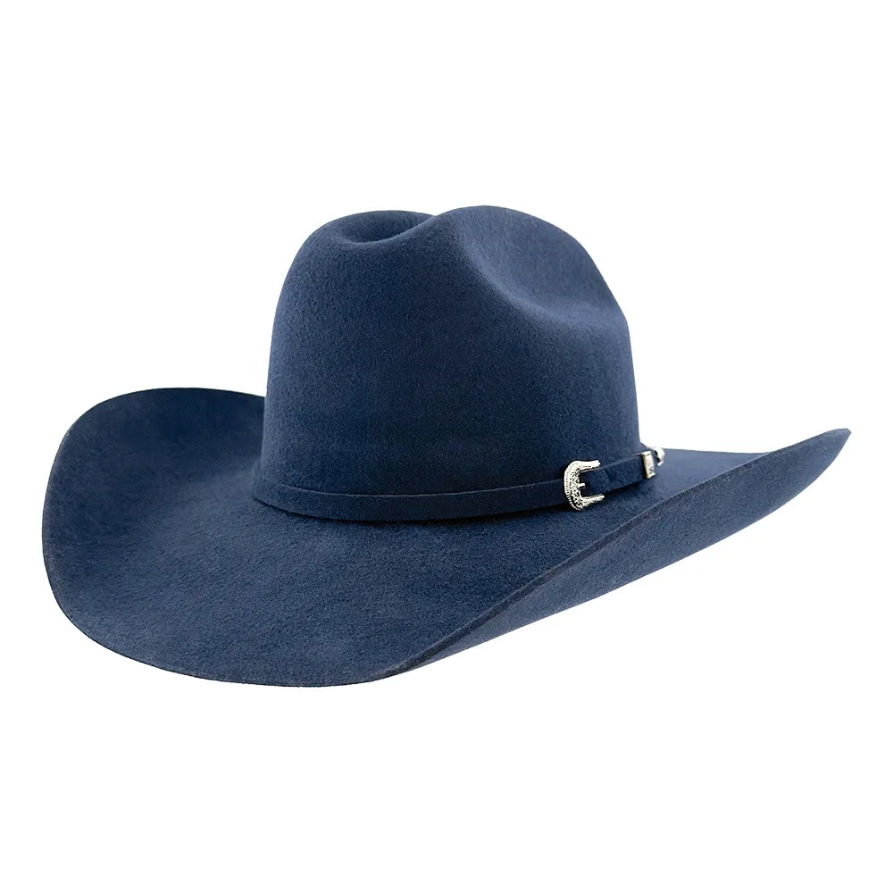 Navy blue cowboy hat with a belt on a white background