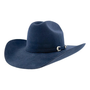Navy blue cowboy hat with a belt on a white background