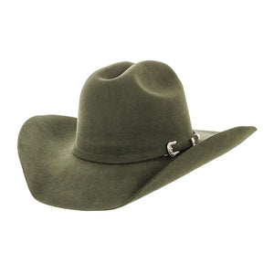 Green cowboy hat with a silver buckle on a light gray background