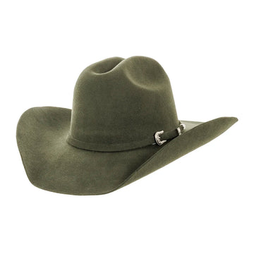 Green cowboy hat with a silver buckle on a light gray background