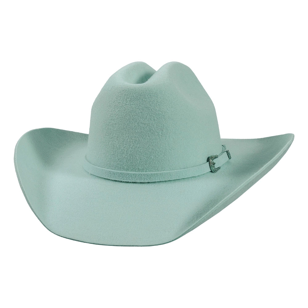 Light blue cowboy hat with a buckle on a white background