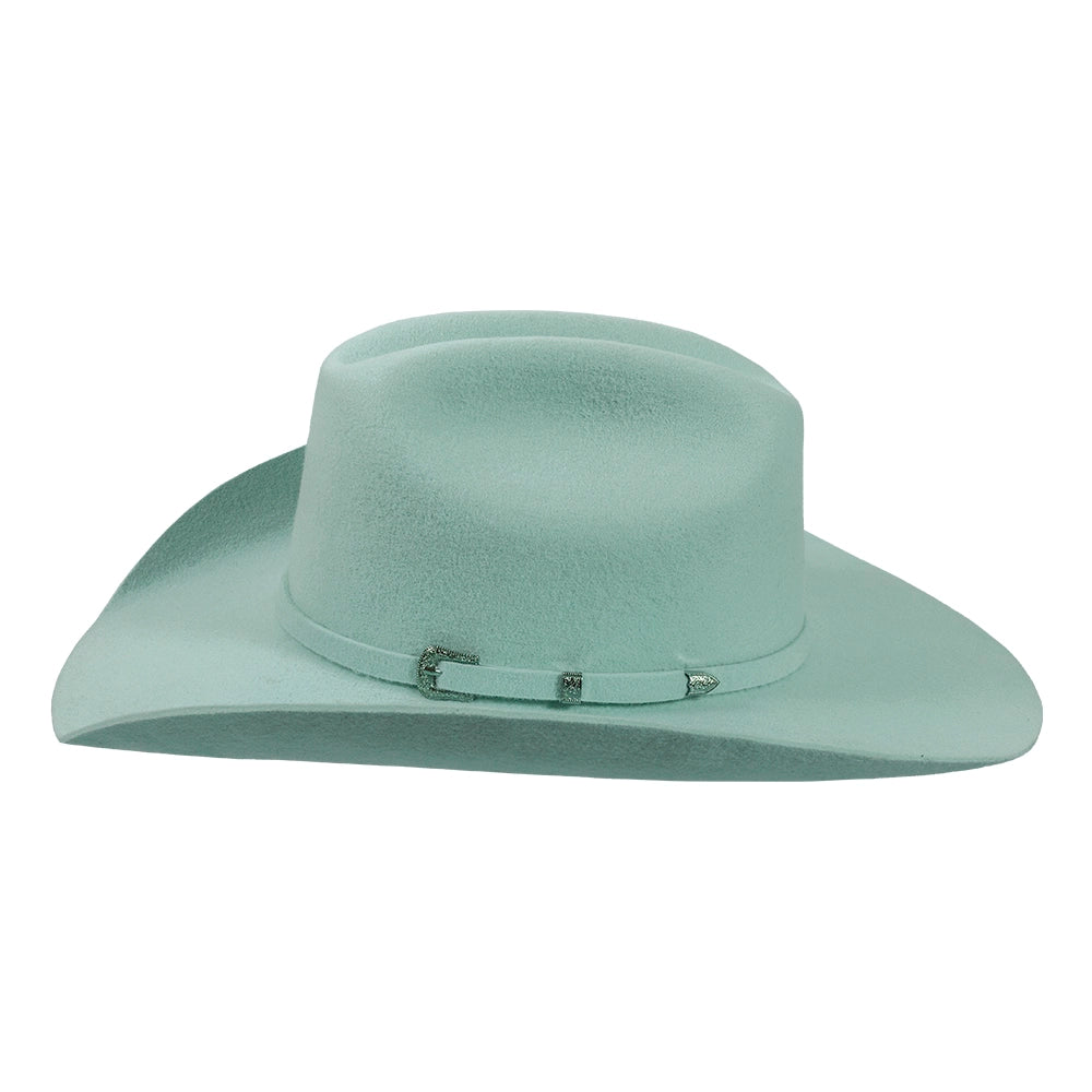 Light blue cowboy hat with decorative band on a white background