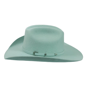 Light blue cowboy hat with decorative band on a white background