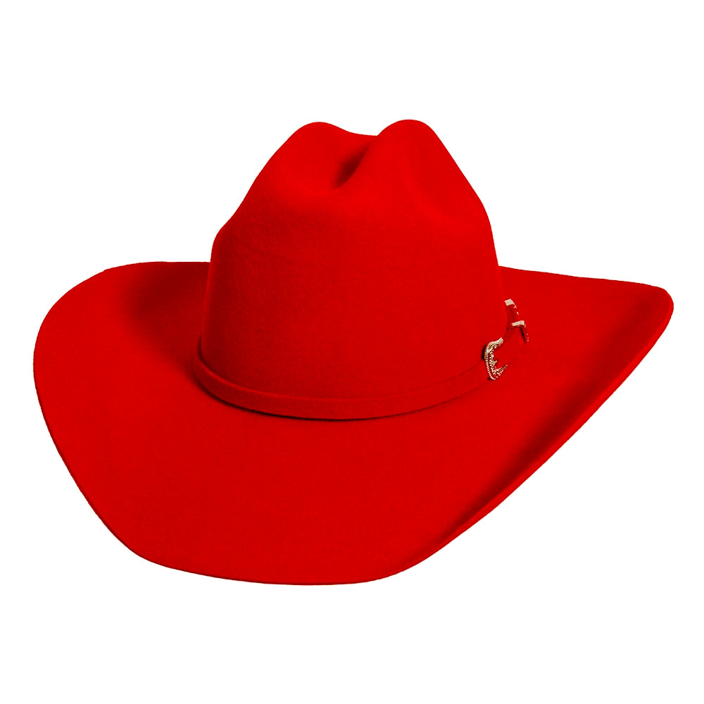 Red cowboy hat with a brand logo on a white background