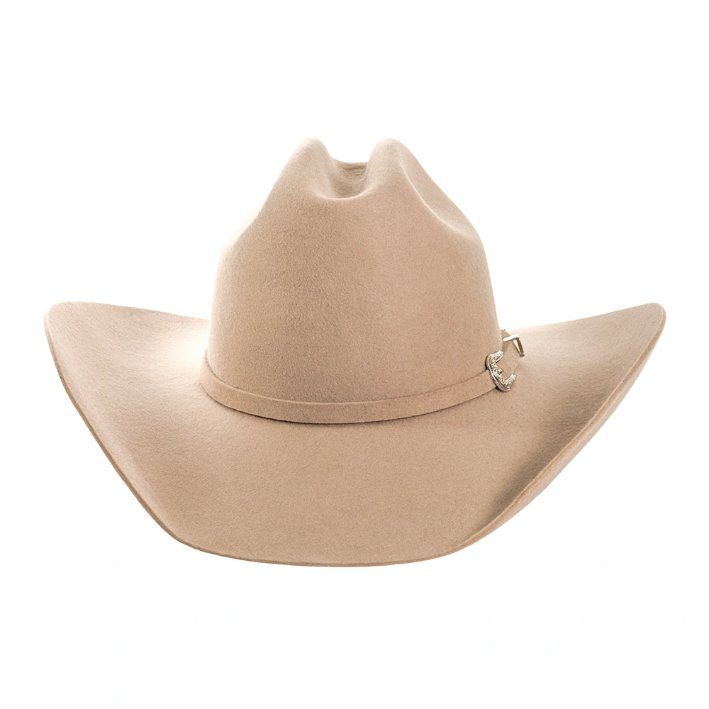 Beige cowboy hat with a decorative band on a white background