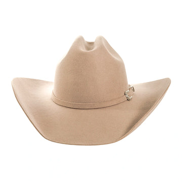 Beige cowboy hat with a decorative band on a white background