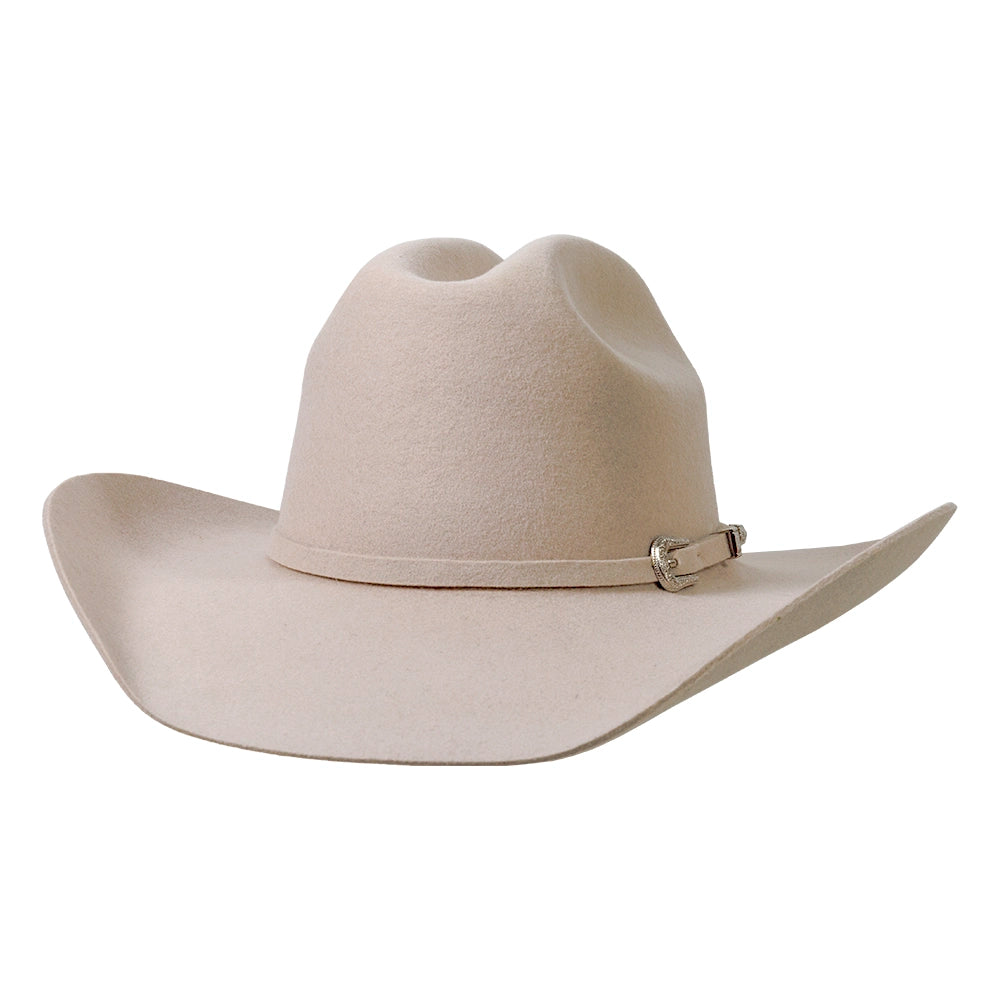 Beige cowboy hat with a band on a white background