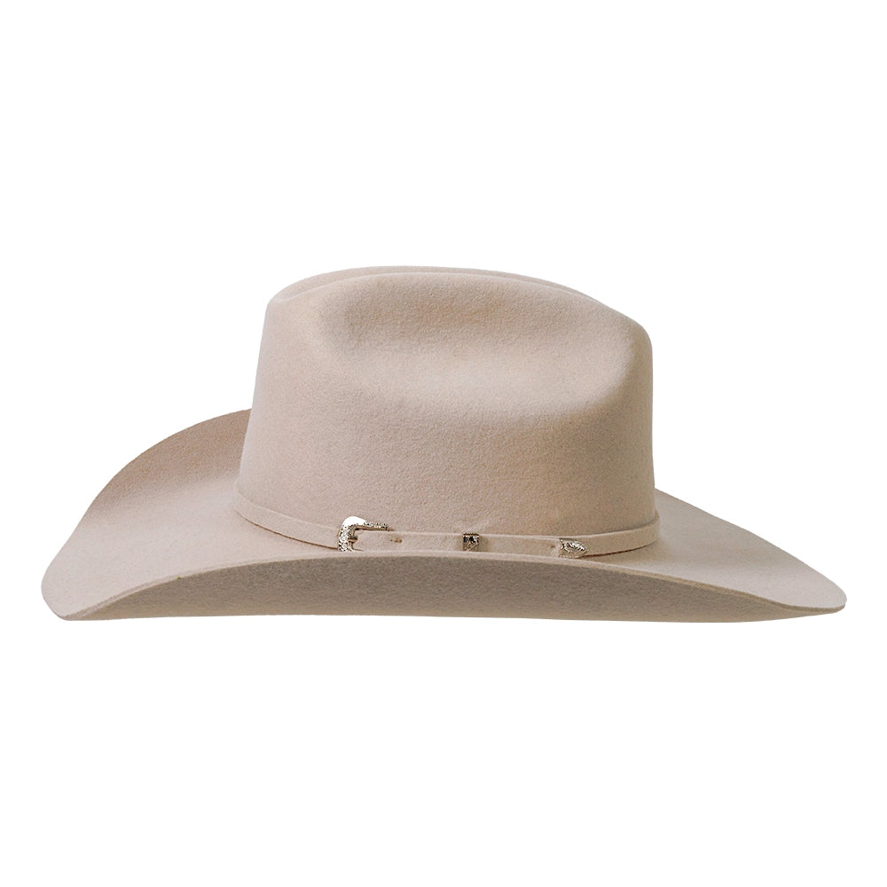 Beige cowboy hat with a band on a white background