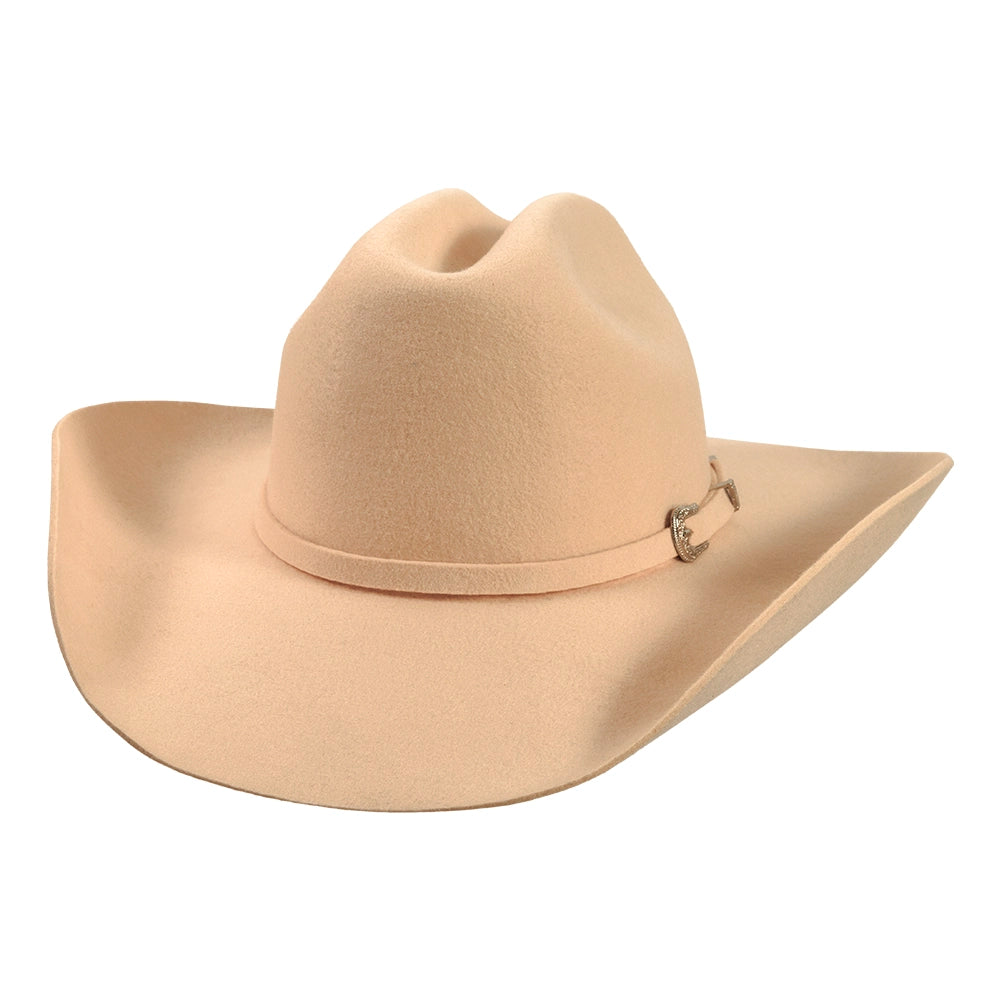 Beige cowboy hat with a decorative band on a white background