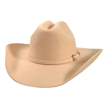 Beige cowboy hat with a decorative band on a white background