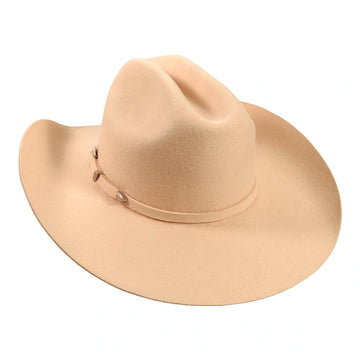 Beige cowboy hat with a wide brim on a white background