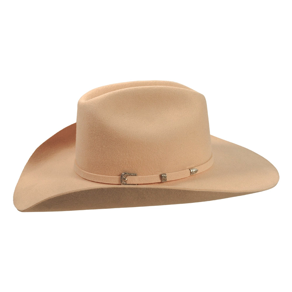 Beige cowboy hat with a band on a white background