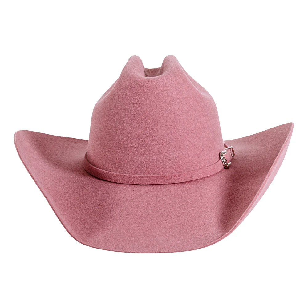 Pink cowboy hat with a band and buckle on a white background