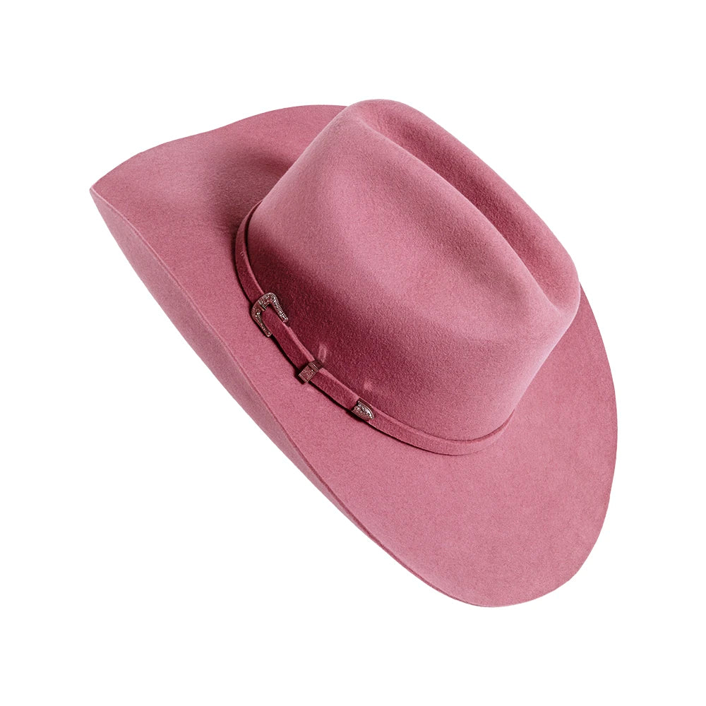 Pink cowboy hat with a band on a white background