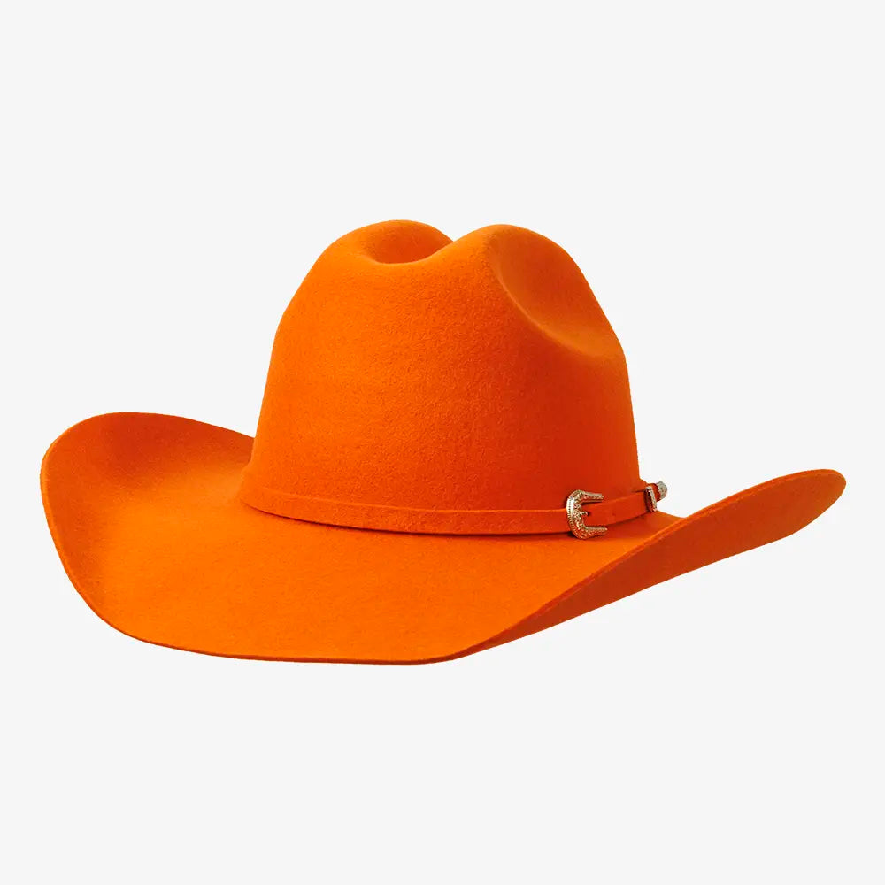 Orange cowboy hat with a band on a white background