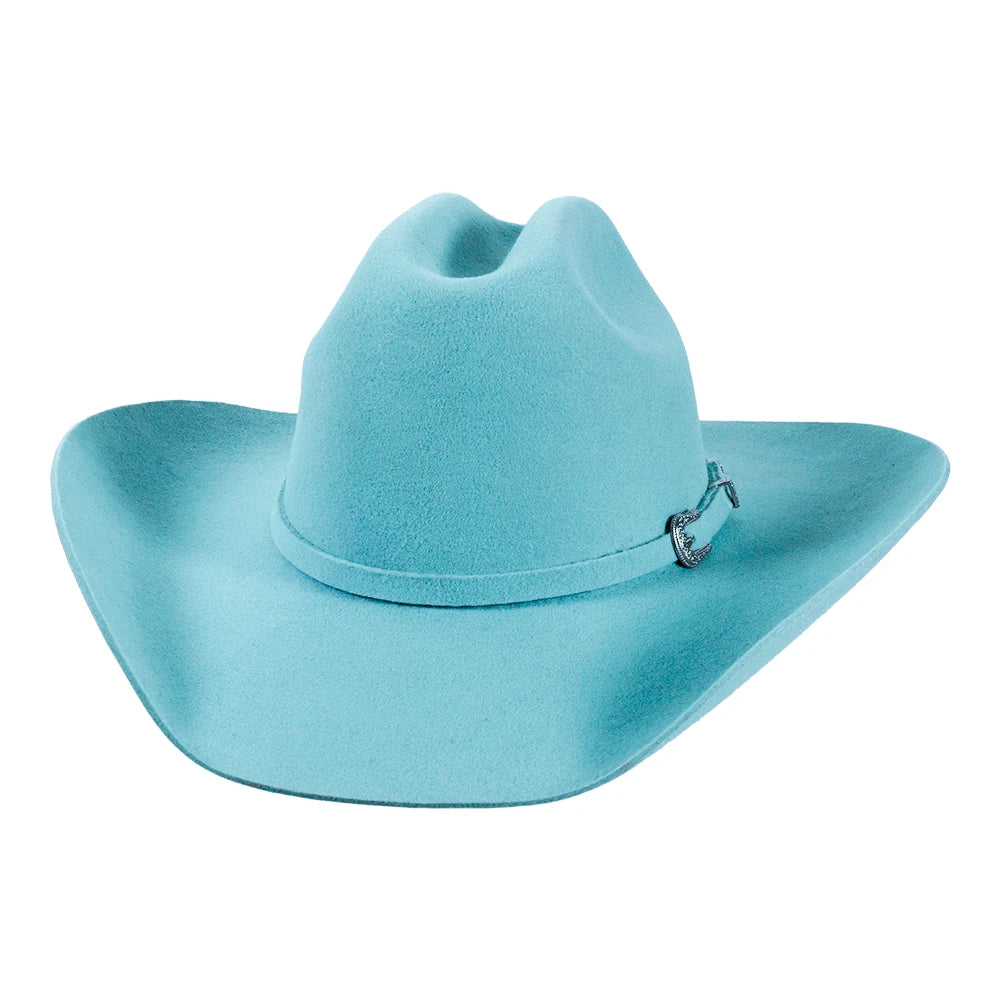 Light blue cowboy hat with a decorative band on a white background