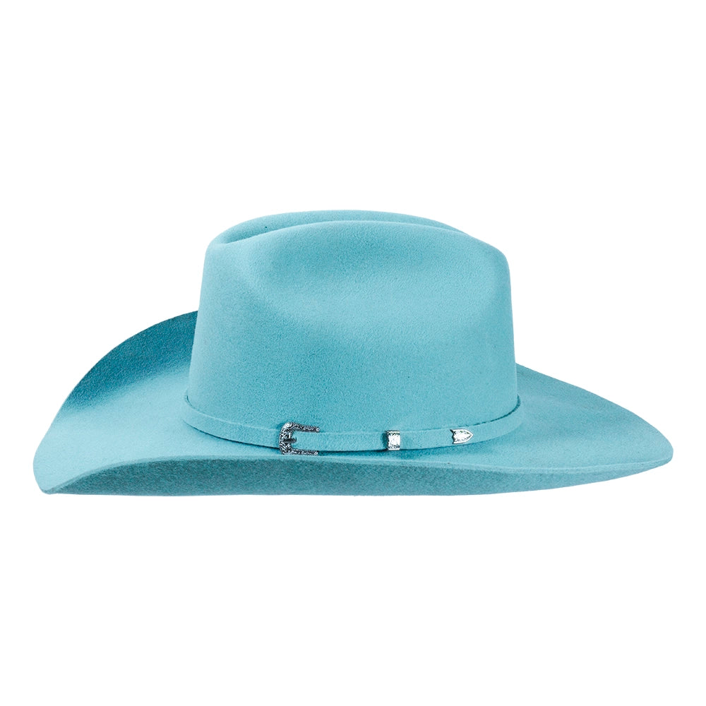 Light blue cowboy hat with a band on a white background