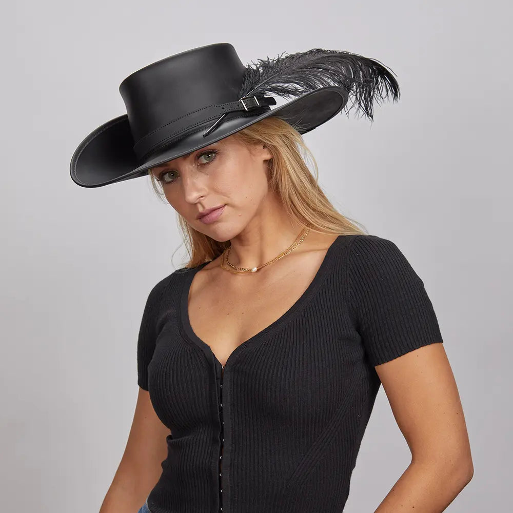 Cavalier | Womens Black Renaissance Fair Leather Hat with Feather