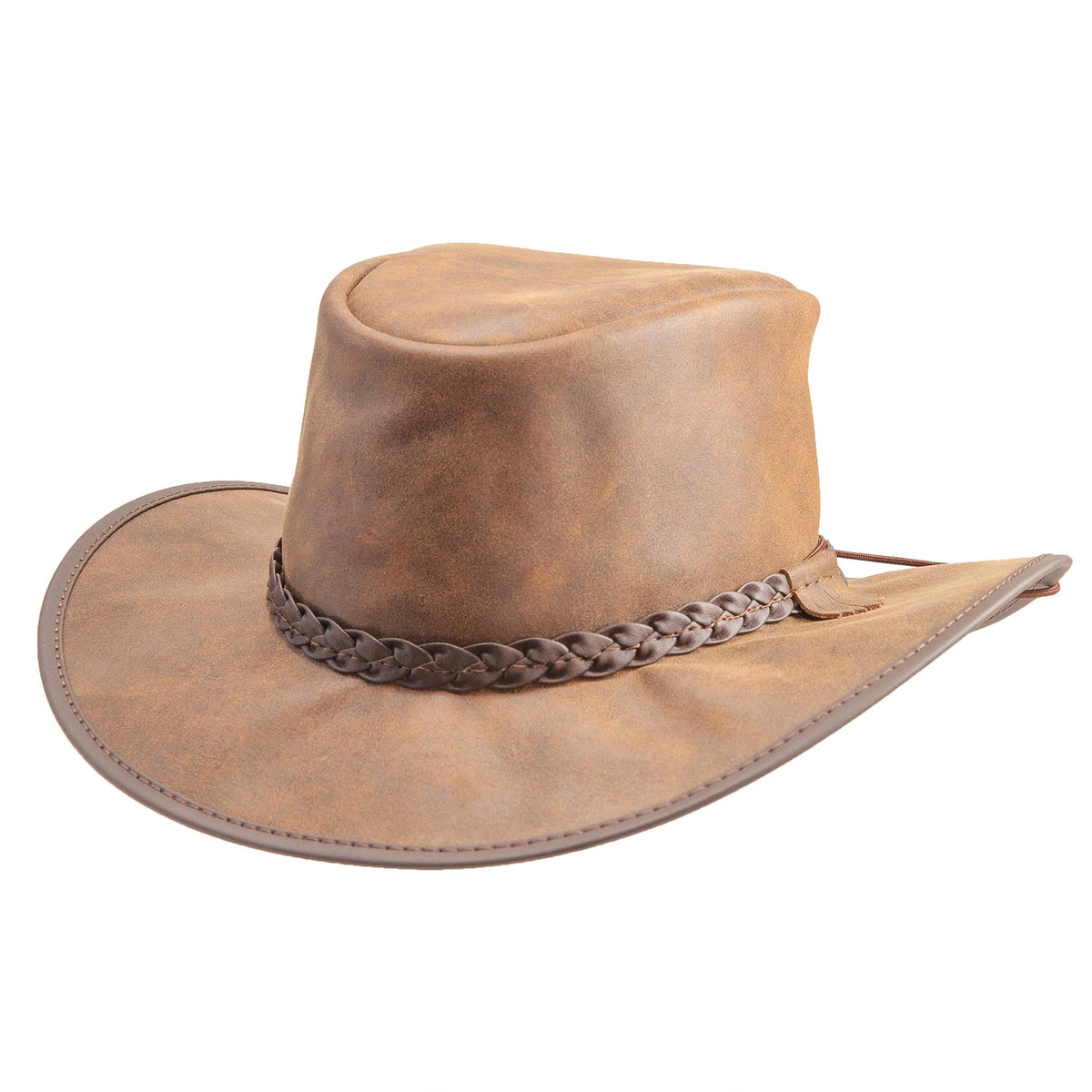 Brown leather cowboy hat with braided band on a white background