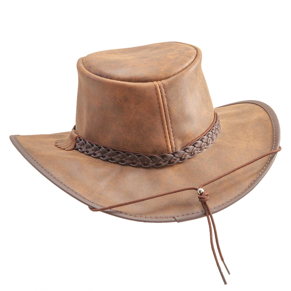 Brown leather cowboy hat with braided band on a white background