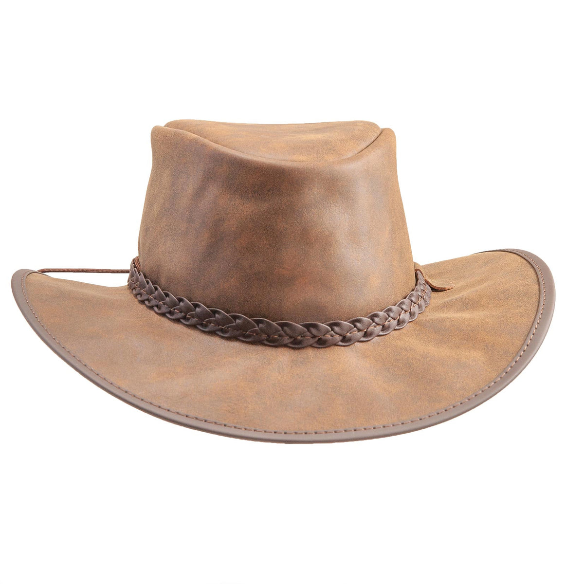Brown leather cowboy hat with braided band on a white background