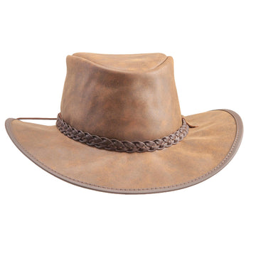 Brown leather cowboy hat with braided band on a white background