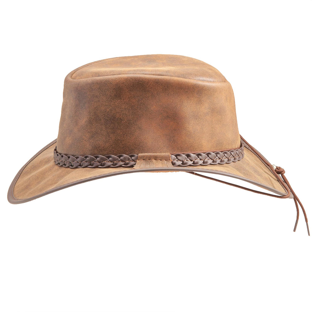 Brown leather hat with braided band on a white background