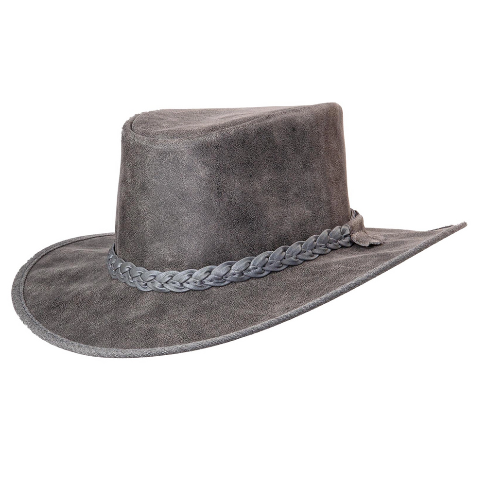 Gray suede cowboy hat with braided band on a white background