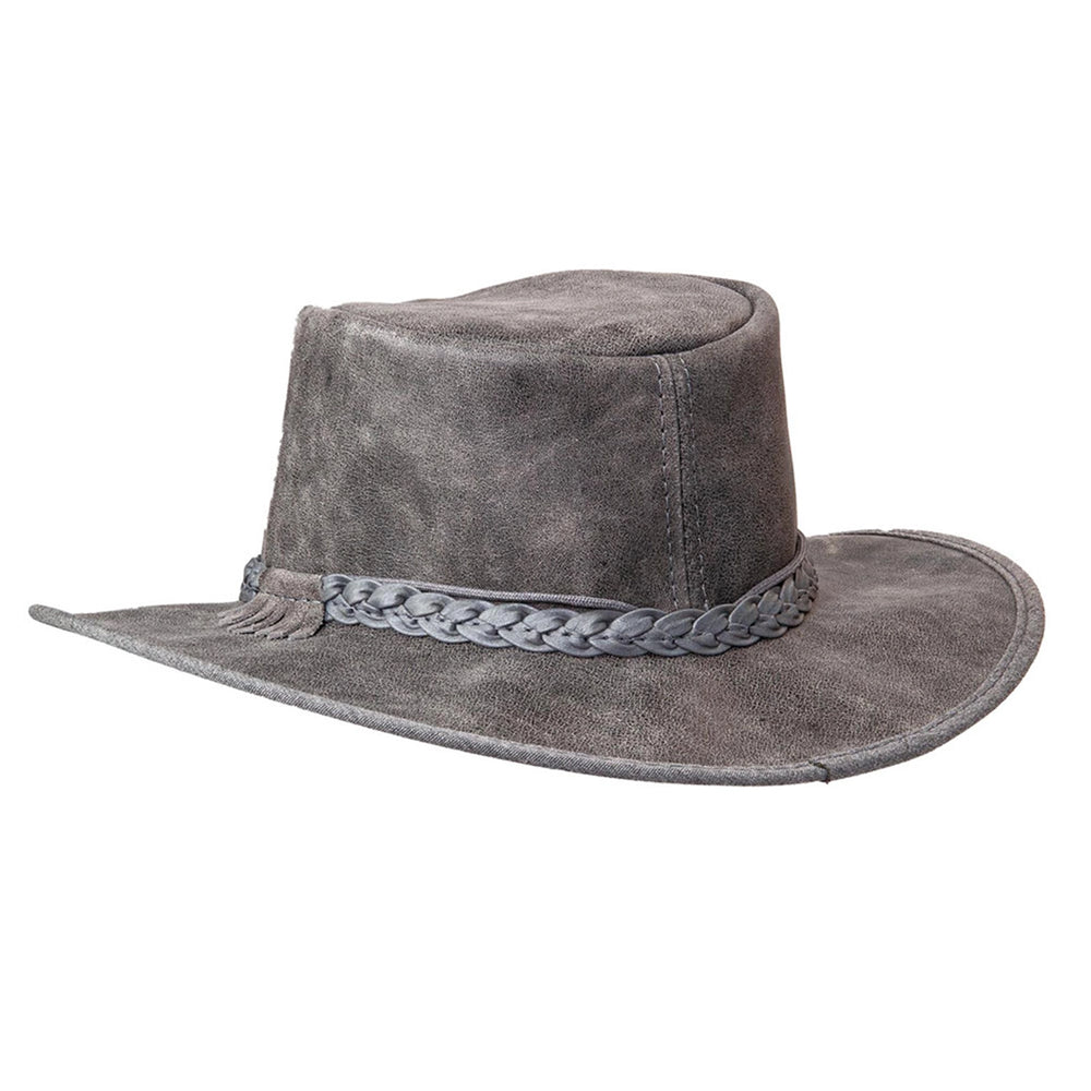 Gray suede hat with braided band on a white background