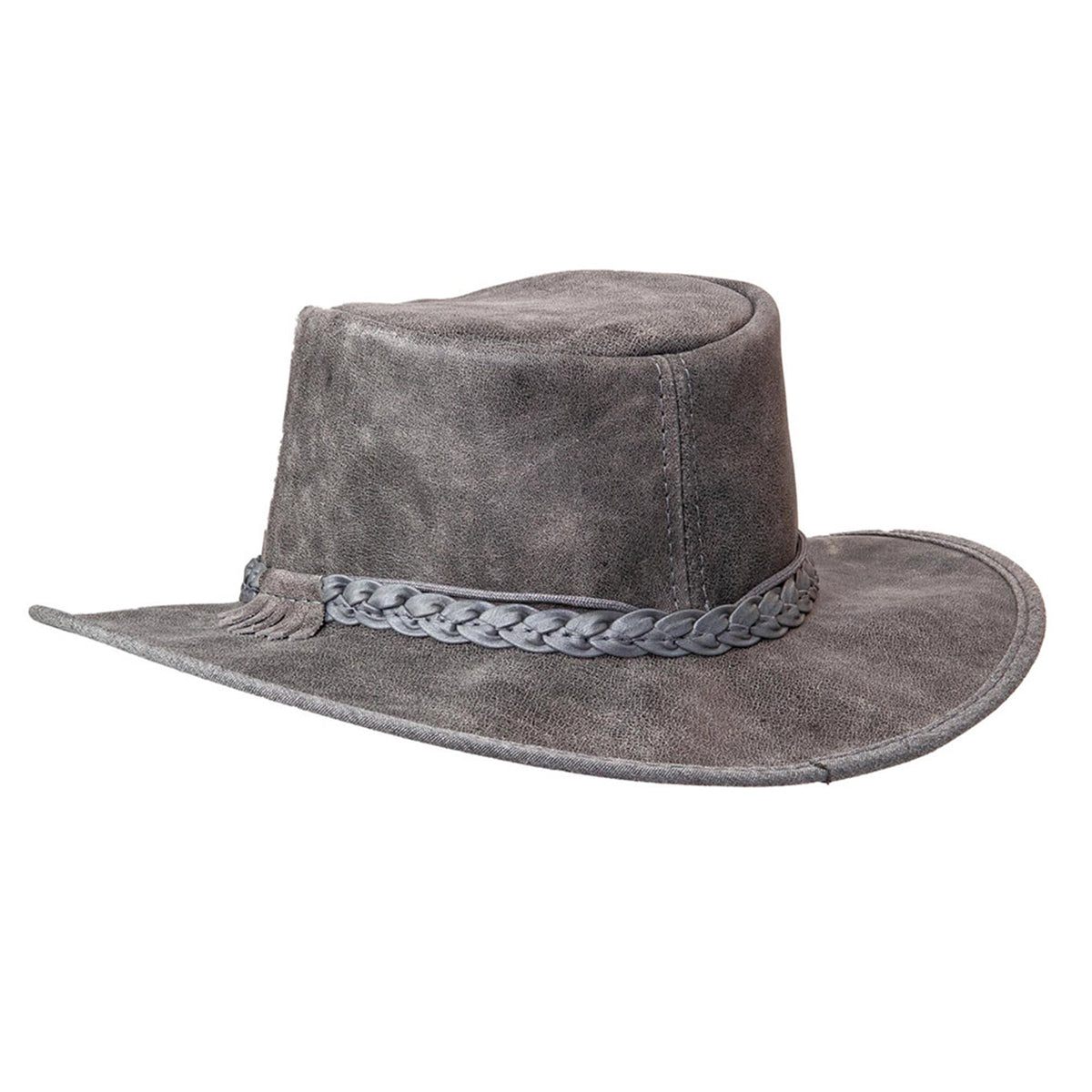 Gray suede hat with braided band on a white background