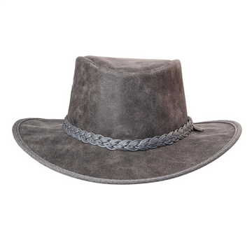 Gray suede hat with braided band on a white background