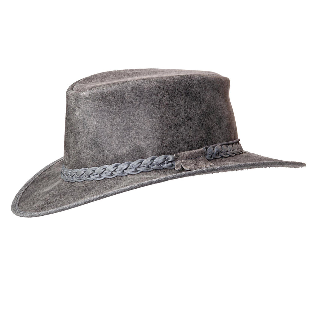Gray suede hat with braided band on a white background