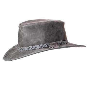 Gray suede hat with braided band on a white background