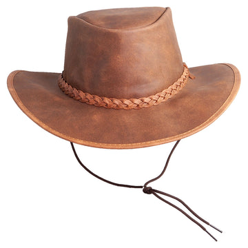 Brown leather cowboy hat with braided band on a white background