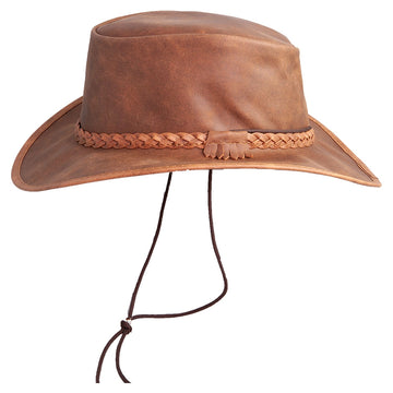 Brown leather cowboy hat with braided band on a white background