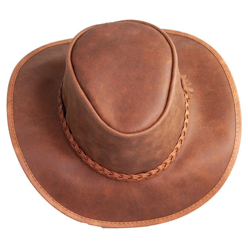 Brown leather cowboy hat with braided band on a white background