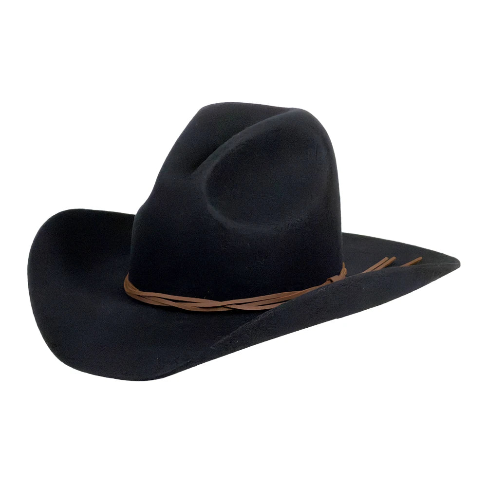 A black felt cowboy hat with a brown braided band around the crown, shown on a plain white background.
