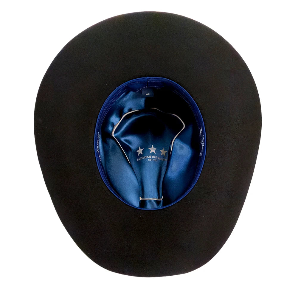 A black cowboy hat shown from a top-down view, revealing a shiny blue satin interior with white embroidered stars and text.