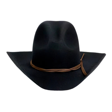 A black cowboy hat with a brown braided band and tie, shown against a plain white background.