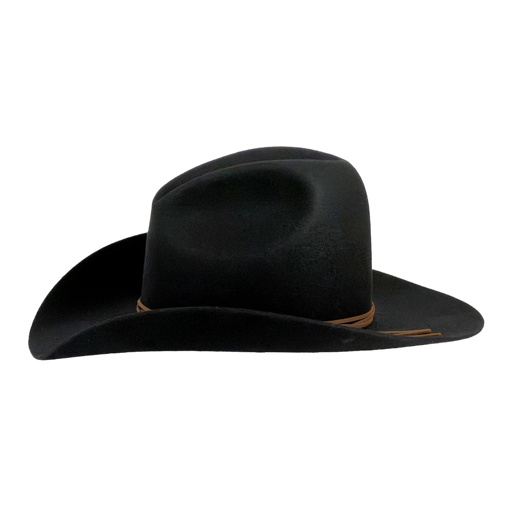 A black felt cowboy hat with a curved brim and a thin brown band detail on the crown, shown against a plain white background.