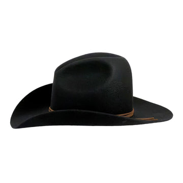 A black felt cowboy hat with a curved brim and a thin brown band detail on the crown, shown against a plain white background.