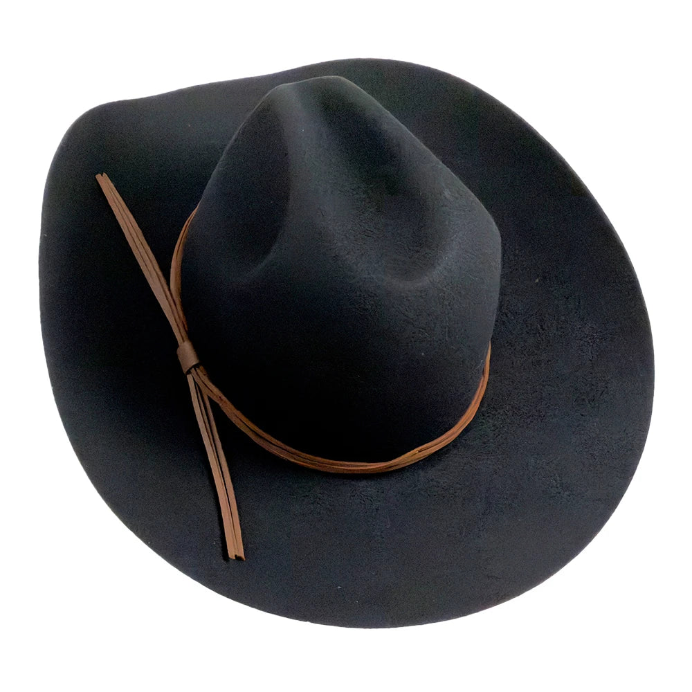 A black felt cowboy hat with a brown leather band and matching tie, shown from a top-down view on a white background.