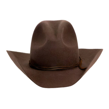 A classic brown felt cowboy hat with a matching brown leather band, shown from a front-facing perspective on a solid white background.