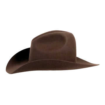 A classic brown felt cowboy hat with a wide brim and a pinched crown, shown from a side profile against a plain white background.